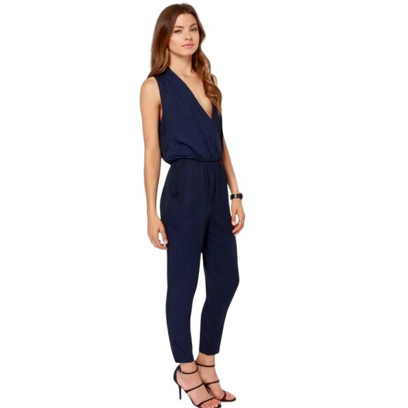 Aryn K Pack a Plunge Jumpsuit M Navy Ink Blue Silky Sheer Back Surplice Bodice - Picture 1 of 16
